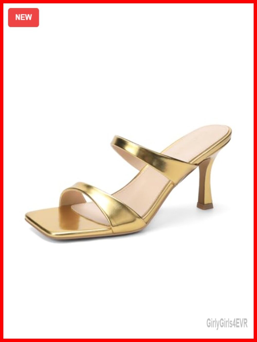Two Strap Kitten Heel Slip On Square Toe Heeled Sandals